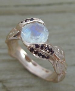 Unique Rose Gold Rainbow Moonstone Ring, Ruby Leaf Ring - Image 5