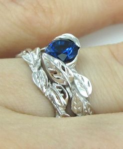 Leaves Wedding Set With Sapphire, Leaf Ring Bridal Set - Image 8