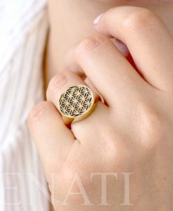 14K Solid Gold Flower Seed of Life Statement Ring | Gold and Black Signet Mandala Ring | Real Gold Massive Seal | Wide Boho Ring | Benati - Image 2