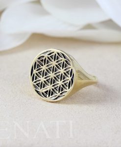 14K Solid Gold Flower Seed of Life Statement Ring | Gold and Black Signet Mandala Ring | Real Gold Massive Seal | Wide Boho Ring | Benati - Image 3