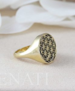 14K Solid Gold Flower Seed of Life Statement Ring | Gold and Black Signet Mandala Ring | Real Gold Massive Seal | Wide Boho Ring | Benati - Image 4