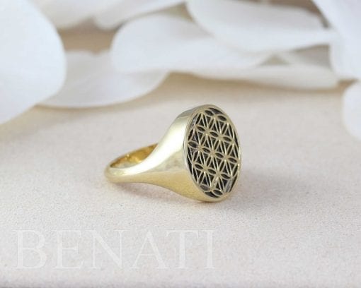 14K Solid Gold Flower Seed of Life Statement Ring | Gold and Black Signet Mandala Ring | Real Gold Massive Seal | Wide Boho Ring | Benati