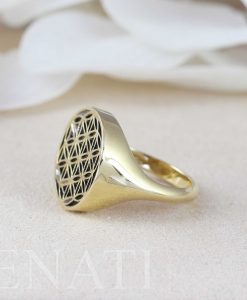 14K Solid Gold Flower Seed of Life Statement Ring | Gold and Black Signet Mandala Ring | Real Gold Massive Seal | Wide Boho Ring | Benati - Image 5