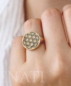 14K Solid Gold Flower Seed of Life Statement Ring | Gold and Black Signet Mandala Ring | Real Gold Massive Seal | Wide Boho Ring | Benati - Image 6