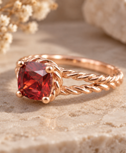 Nature-inspired gold engagement ring with a cushion-cut red ruby and twisted rope band, photographed on warm natural stone.