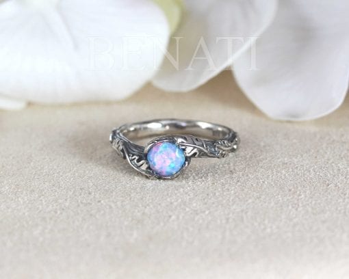 Sterling silver Opal nature inspired jewelry, Leaf branch leaves engagement ring