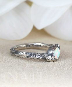 Sterling silver Opal nature inspired jewelry, Leaf branch leaves engagement ring - Image 4