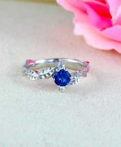 Blue Sapphire Engagement Ring, Sapphire Leaf Ring - Image 6