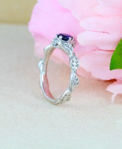Blue Sapphire Engagement Ring, Sapphire Leaf Ring - Image 9