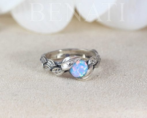 Opal Leaf Ring, Silver White Opal Leaves Ring