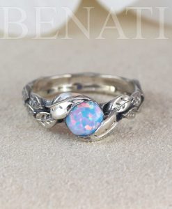 Opal Leaf Ring, Silver White Opal Leaves Ring - Image 4