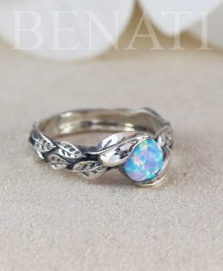 Opal Leaf Ring, Silver White Opal Leaves Ring - Image 5