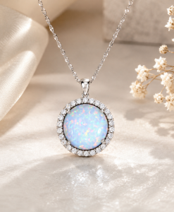 Opal Necklace 14K Solid Gold, Lab Diamond Halo Pendant, October Birthstone Jewelry, White Opal Gift for Her