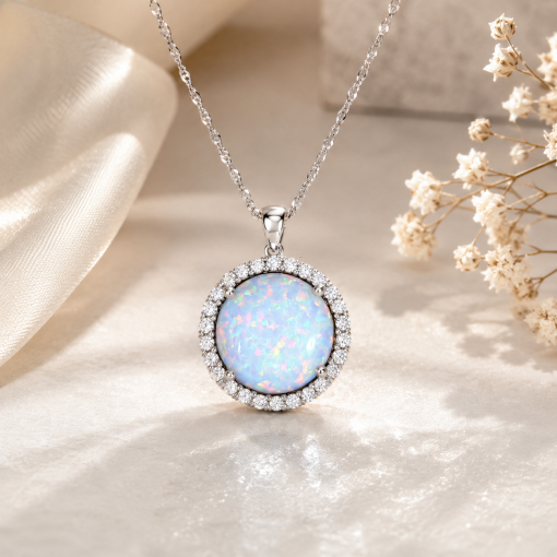 Opal Necklace 14K Solid Gold, Lab Diamond Halo Pendant, October Birthstone Jewelry, White Opal Gift for Her