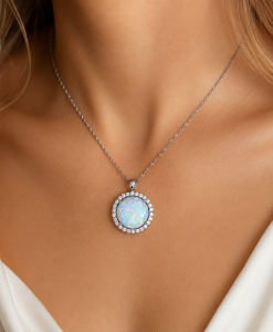 Opal Necklace 14K Solid Gold, Lab Diamond Halo Pendant, October Birthstone Jewelry, White Opal Gift for Her - Image 2