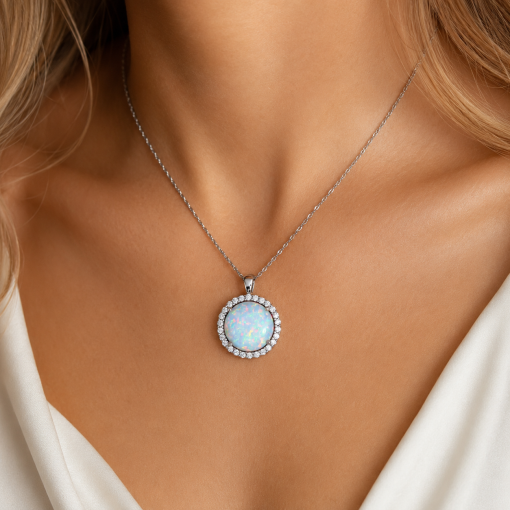 Opal Necklace 14K Solid Gold, Lab Diamond Halo Pendant, October Birthstone Jewelry, White Opal Gift for Her