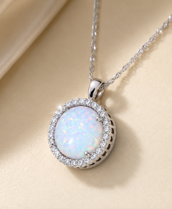 Opal Necklace 14K Solid Gold, Lab Diamond Halo Pendant, October Birthstone Jewelry, White Opal Gift for Her - Image 3
