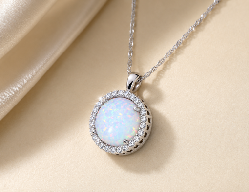 Opal Necklace 14K Solid Gold, Lab Diamond Halo Pendant, October Birthstone Jewelry, White Opal Gift for Her