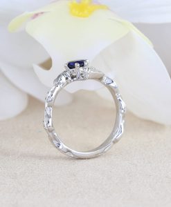 Blue Sapphire Engagement Ring, Sapphire Leaf Ring - Image 3