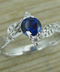 Blue Sapphire Engagement Ring, Sapphire Leaf Ring - Image 4