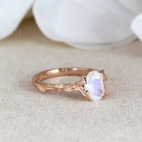 Nature-Inspired 14K/18K Solid Gold & Moonstone ring | Artisan Leaf Promise/Engagement Ring | Fine, Beautiful and Unique Gemstone Ring
