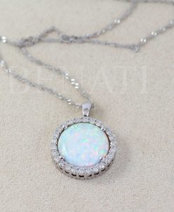Opal Necklace 14K Solid Gold, Lab Diamond Halo Pendant, October Birthstone Jewelry, White Opal Gift for Her - Image 4