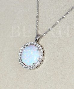 Opal Necklace 14K Solid Gold, Lab Diamond Halo Pendant, October Birthstone Jewelry, White Opal Gift for Her - Image 5