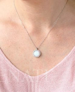 Opal Necklace 14K Solid Gold, Lab Diamond Halo Pendant, October Birthstone Jewelry, White Opal Gift for Her - Image 6