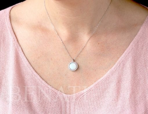 Opal and Moissanite Necklace 14k Solid Gold, Halo Pendant