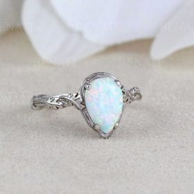 Pear Cut White Opal Leaf Nature Ring, Leaves Engagement Unique Solid Gold Opal Ring