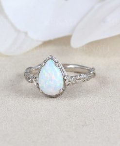 Pear Cut White Opal Leaf Nature Ring, Leaves Engagement Unique Solid Gold Opal Ring - Image 2