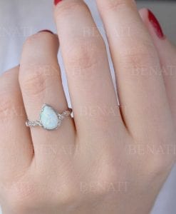 Pear Cut White Opal Leaf Nature Ring, Leaves Engagement Unique Solid Gold Opal Ring - Image 3