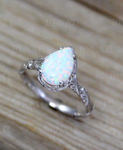 Pear Cut White Opal Leaf Nature Ring, Leaves Engagement Unique Solid Gold Opal Ring - Image 4