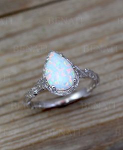 Pear Cut White Opal Leaf Nature Ring, Leaves Engagement Unique Solid Gold Opal Ring - Image 5