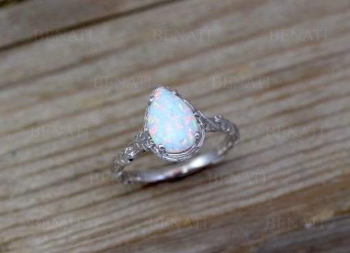 Pear Cut White Opal Leaf Nature Ring, Leaves Engagement Unique Solid Gold Opal Ring