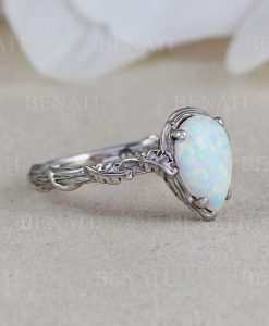 Pear Cut White Opal Leaf Nature Ring, Leaves Engagement Unique Solid Gold Opal Ring - Image 6