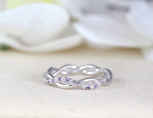 Amethyst and Diamond White Wedding Band, Blue Sapphire Infinity Diamond Wedding Ring