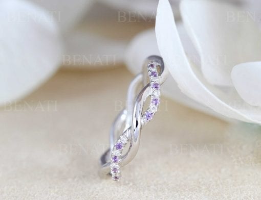 Amethyst and Diamond White Wedding Band, Blue Sapphire Infinity Diamond Wedding Ring