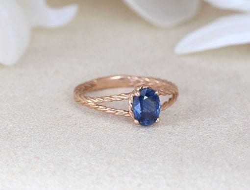 Natural Blue Sapphire Rose gold Engagement Ring, Oval Braided Rope Ring