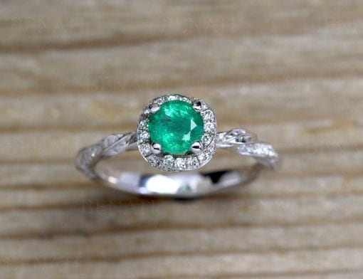 Natural Emerald Leaves Solid Gold Engagement Ring, Vintage Nature Inspired Leaf Anniversary Ring