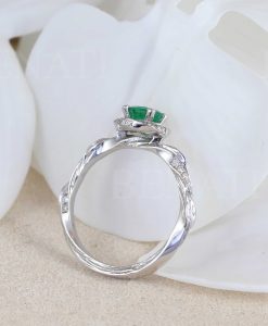 Natural Emerald Leaves Solid Gold Engagement Ring, Vintage Nature Inspired Leaf Anniversary Ring - Image 4