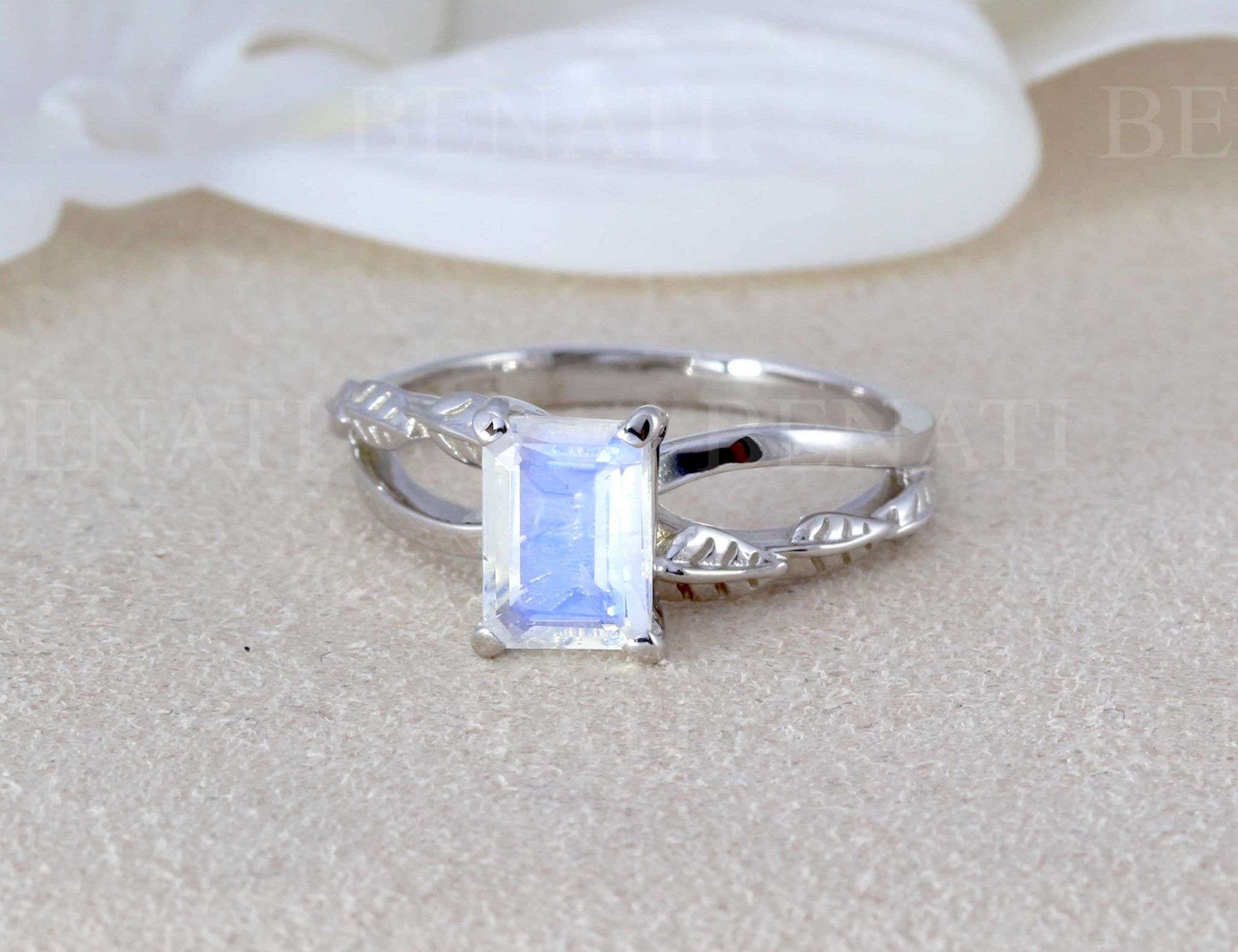Emerald Cut Moonstone Leaves Engagement Ring, 18k Rose Gold Nature