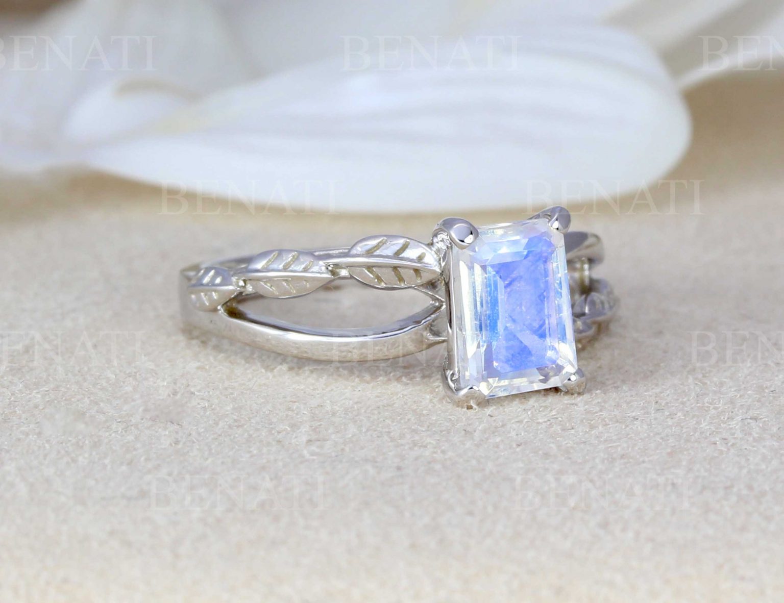Emerald Cut Moonstone Leaves Engagement Ring, 18k Rose Gold Nature