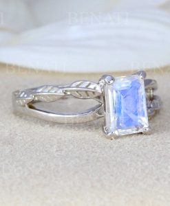 Emerald Cut Moonstone Leaves Engagement Ring, 18k Rose Gold Nature Moonstone Ring - Image 2