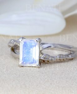 Emerald Cut Moonstone Leaves Engagement Ring, 18k Rose Gold Nature Moonstone Ring - Image 5