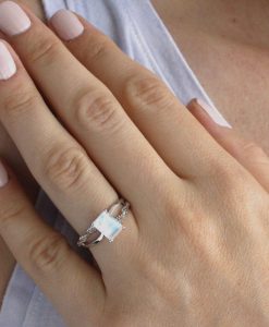 Emerald Cut Moonstone Leaves Engagement Ring, 18k Rose Gold Nature Moonstone Ring - Image 7