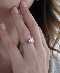 Emerald Cut Moonstone Leaves Engagement Ring, 18k Rose Gold Nature Moonstone Ring - Image 8