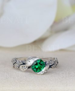 Leaf Ring With Emerald Gemstone In Silver, Green Stone Leaf Ring - Image 4