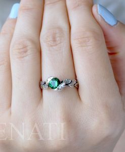 Leaf Ring With Emerald Gemstone In Silver, Green Stone Leaf Ring - Image 5