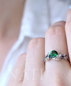 Leaf Ring With Emerald Gemstone In Silver, Green Stone Leaf Ring - Image 8